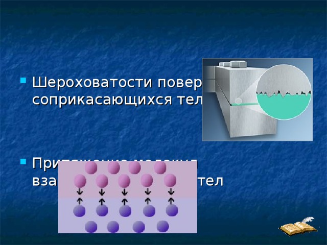 Шероховатости поверхностей соприкасающихся тел Притяжение молекул взаимодействующих тел 