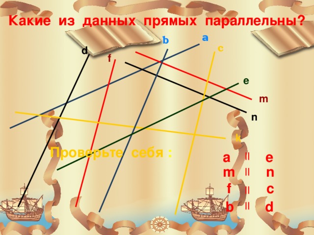 Какие из данных прямых параллельны? a b с d f e m n k Проверьте себя : a e m n  f c b d  