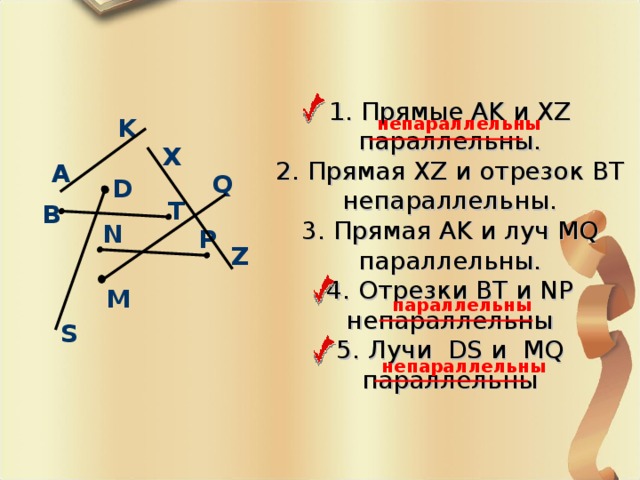 1. Прямые AK и XZ параллельны.  2. Прямая XZ и отрезок BT непараллельны.  3. Прямая AK и луч MQ параллельны.  4. Отрезки ВТ и NP непараллельны  5. Лучи DS и MQ параллельны K непараллельны X A Q D T B N P Z M параллельны S непараллельны 