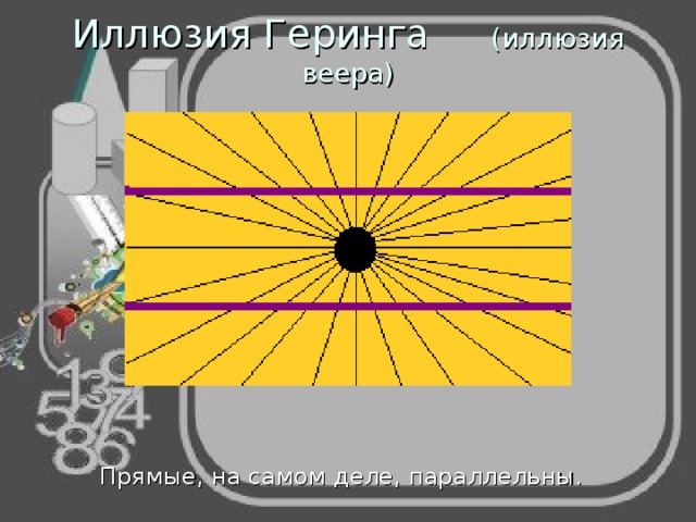 Иллюзия Геринга (иллюзия веера) Прямые, на самом деле, параллельны. 