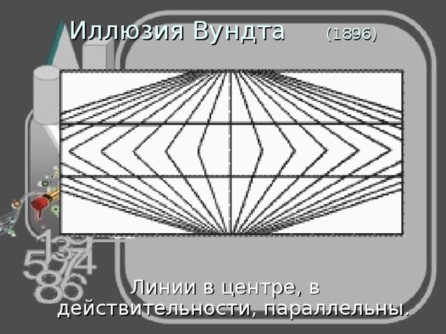 Иллюзия Вундта (1896) Линии в центре, в действительности, параллельны. 