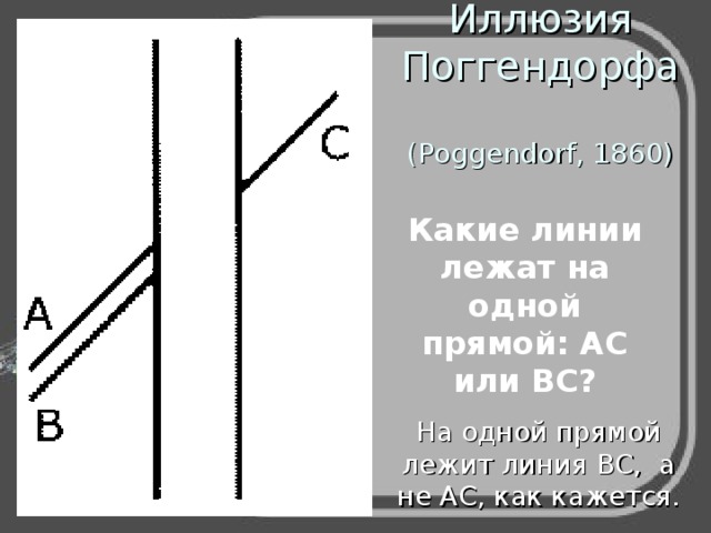 Иллюзия Поггендорфа  (Poggendorf, 1860) Какие линии лежат на одной прямой: АС или ВС? На одной прямой лежит линия BC, а не AC, как кажется. 