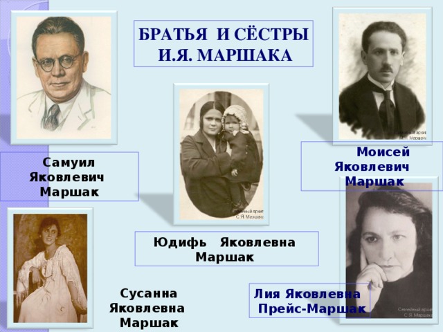 БРАТЬЯ И СЁСТРЫ  И.Я. МАРШАКА  Моисей Яковлевич  Маршак Самуил Яковлевич Маршак Юдифь Яковлевна Маршак Сусанна Яковлевна Маршак Лия Яковлевна  Прейс-Маршак 