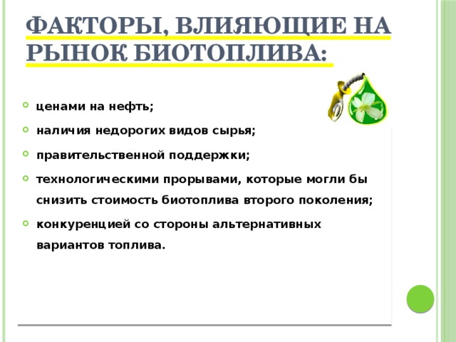 Факторы, влияющие на рынок биотоплива: ценами на нефть; наличия недорогих видов сырья; правительственной поддержки; технологическими прорывами, которые могли бы снизить стоимость биотоплива второго поколения; конкуренцией со стороны альтернативных вариантов топлива. 