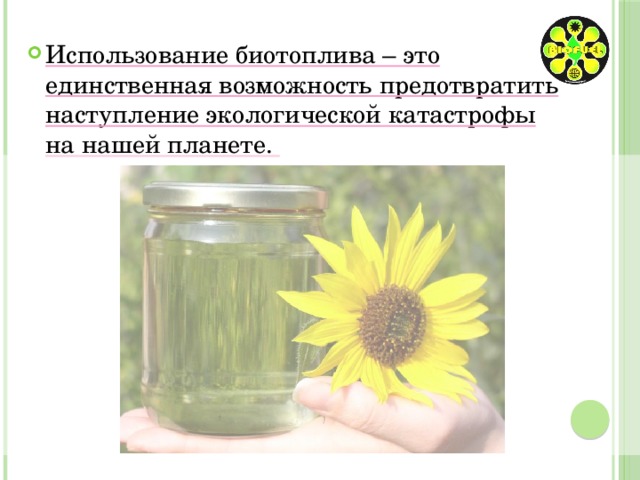 Использование биотоплива – это единственная возможность предотвратить наступление экологической катастрофы на нашей планете. 