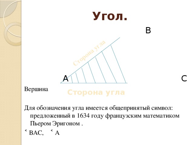 Сторона угла  Угол.  В  А С Вершина Для обозначения угла имеется общепринятый символ: предложенный в 1634 году французским математиком Пьером Эригоном . ˂ ВАС, ˂ А Сторона угла