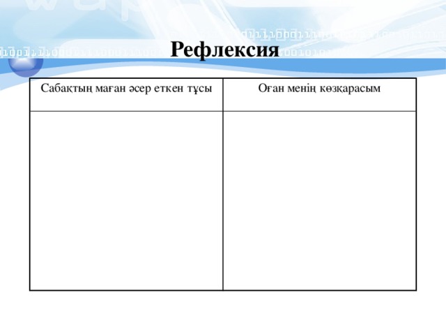 Рефлексия Сабақтың маған әсер еткен тұсы Оған менің көзқарасым 