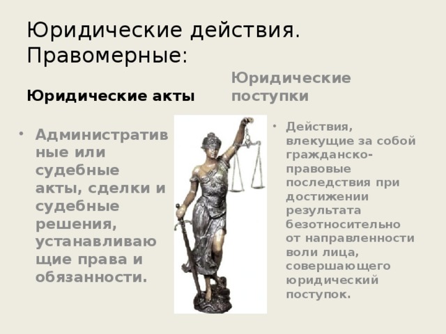 Юридические действия.  Правомерные: Юридические акты Юридические поступки Действия, влекущие за собой гражданско-правовые последствия при достижении результата безотносительно от направленности воли лица, совершающего юридический поступок. Административные или судебные акты, сделки и судебные решения, устанавливающие права и обязанности. 