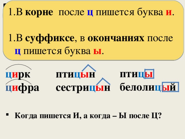В корне после ц пишется буква и . В суффиксе , в окончаниях после ц пишется буква ы . Обобщим наблюдения. пти ц ы белоли ц ы й ц и рк пти ц ы н сестри ц ы н ц и фра Когда пишется И, а когда – Ы после Ц? 