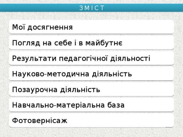 ЗМІСТ Мої досягнення Погляд на себе і в майбутнє Результати педагогічної діяльності Науково-методична діяльність Позаурочна діяльність Навчально-матеріальна база Фотовернісаж 