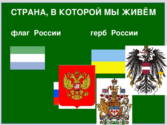 СТРАНА, В КОТОРОЙ МЫ ЖИВЁМ флаг России герб России 