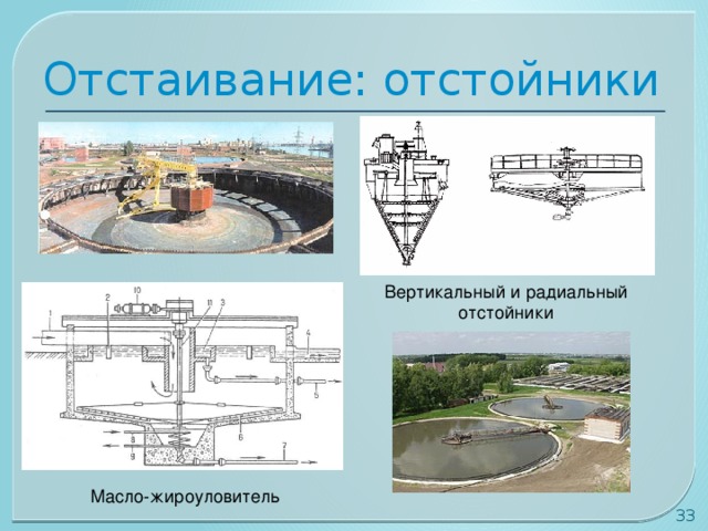 Отстаивание: отстойники Вертикальный и радиальный отстойники Масло-жироуловитель 30 
