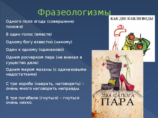 Два сапога пара происхождение фразеологизма. Одного поля ягода фразеологизм. Одним миром мазаны фразеологизм. Фразеологизмы про ягоды. Фразеологизмы со словом один.