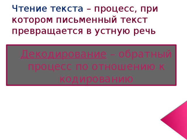 Чтение текста – процесс, при котором письменный текст превращается в устную речь Декодирование  – обратный процесс по отношению к кодированию 