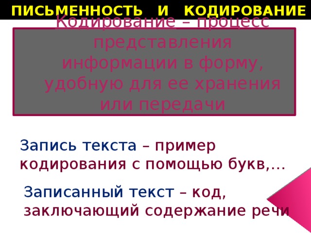 ПИСЬМЕННОСТЬ И КОДИРОВАНИЕ Кодирование  – процесс представления информации в форму, удобную для ее хранения или передачи Запись текста – пример кодирования с помощью букв,… Записанный текст – код, заключающий содержание речи 
