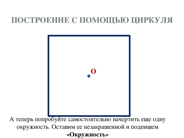 построение с помощью циркуля О А теперь попробуйте самостоятельно начертить еще одну окружность. Оставим ее незакрашенной и подпишем «Окружность»