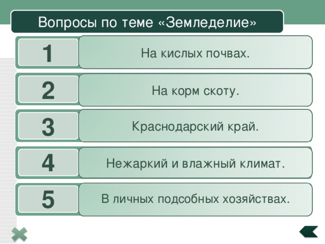 Вопросы по теме «Земледелие» На кислых почвах. 1 2 На корм скоту. Краснодарский край. 3 4 Нежаркий и влажный климат. 5 В личных подсобных хозяйствах. 