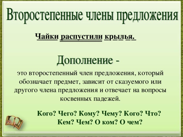 Чайки распустили крылья. это второстепенный член предложения, который обозначает предмет, зависит от сказуемого или другого члена предложения и отвечает на вопросы косвенных падежей. Кого? Чего? Кому? Чему? Кого? Что? Кем? Чем? О ком? О чем? http://aida.ucoz.ru