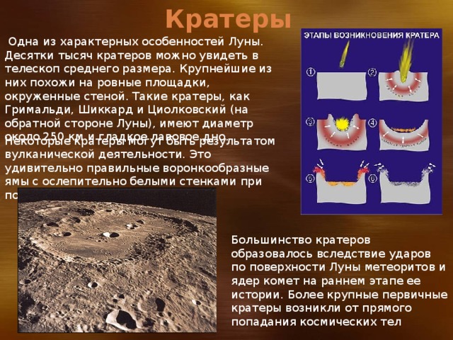 Кратеры  Одна из характерных особенностей Луны. Десятки тысяч кратеров можно увидеть в телескоп среднего размера. Крупнейшие из них похожи на ровные площадки, окруженные стеной. Такие кратеры, как Гримальди, Шиккард и Циолковский (на обратной стороне Луны), имеют диаметр около 250 км и гладкое лавовое дно. Некоторые кратеры могут быть результатом вулканической деятельности. Это удивительно правильные воронкообразные ямы с ослепительно белыми стенками при полной Луне. Большинство кратеров образовалось вследствие ударов по поверхности Луны метеоритов и ядер комет на раннем этапе ее истории. Более крупные первичные кратеры возникли от прямого попадания космических тел 