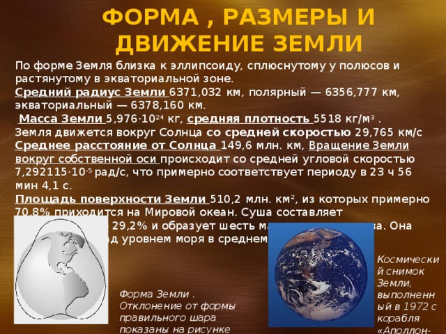 Форма , размеры и движение Земли По форме Земля близка к эллипсоиду, сплюснутому у полюсов и растянутому в экваториальной зоне. Средний радиус Земли 6371,032 км, полярный — 6356,777 км, экваториальный — 6378,160 км.  Масса Земли 5,976·10 24 кг, средняя плотность 5518 кг/м 3 . Земля движется вокруг Солнца со средней скоростью 29,765 км/с Среднее расстояние от Солнца 149,6 млн. км, Вращение Земли вокруг собственной оси происходит со средней угловой скоростью 7,292115·10 -5 рад/с, что примерно соответствует периоду в 23 ч 56 мин 4,1 с. Площадь поверхности Земли 510,2 млн. км 2 , из которых примерно 70,8% приходится на Мировой океан. Суша составляет соответственно 29,2% и образует шесть материков и острова. Она поднимается над уровнем моря в среднем на 875 м Космический снимок Земли, выполненный в 1972 с корабля «Аполлон-17». Форма Земли . Отклонение от формы правильного шара показаны на рисунке 