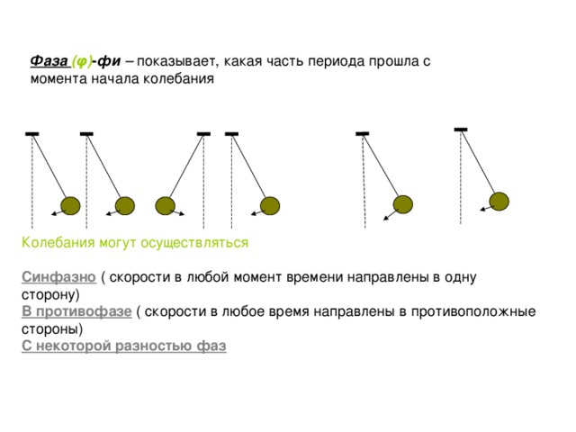 Фаза (φ) - фи – показывает, какая часть периода прошла с момента начала колебания Колебания могут осуществляться Синфазно  ( скорости в любой момент времени направлены в одну сторону) В противофазе ( скорости в любое время направлены в противоположные стороны) С некоторой разностью фаз   