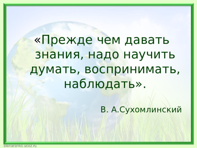 « Прежде чем давать знания, надо научить думать, воспринимать, наблюдать». В. А.Сухомлинский 