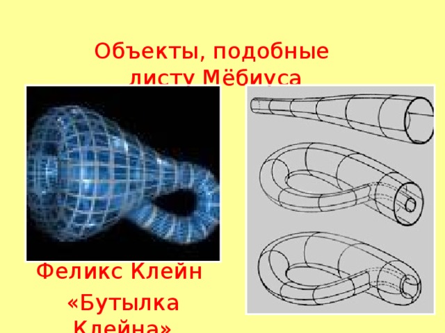      Объекты, подобные  листу Мёбиуса      Феликс Клейн «Бутылка Клейна» 