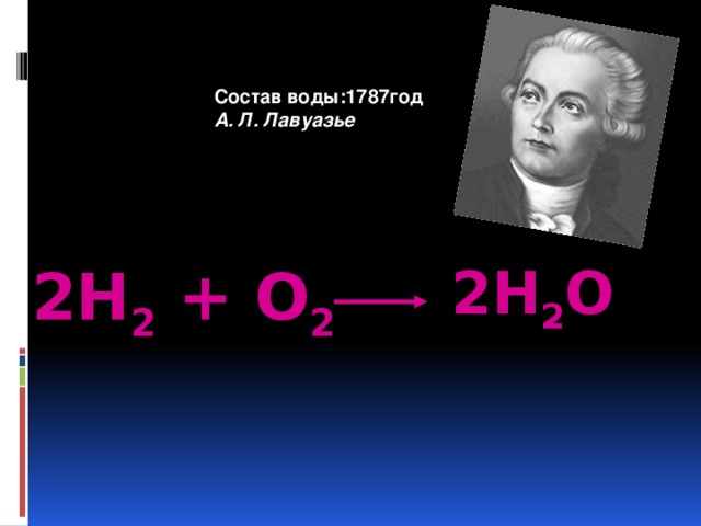 Состав воды:1787год А. Л. Лавуазье 2Н 2 + О 2 2Н 2 О 