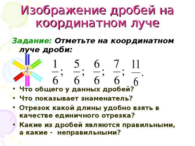 Изображение дробей на координатном луче Задание:  Отметьте на координатном луче дроби:   Что общего у данных дробей? Что показывает знаменатель? Отрезок какой длины удобно взять в качестве единичного отрезка? Какие из дробей являются правильными, а какие - неправильными? 