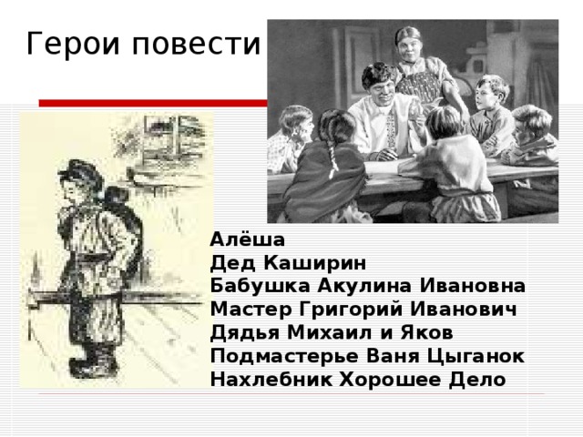 Алёша Дед Каширин Бабушка Акулина Ивановна Мастер Григорий Иванович Дядья Михаил и Яков Подмастерье Ваня Цыганок Нахлебник Хорошее Дело  