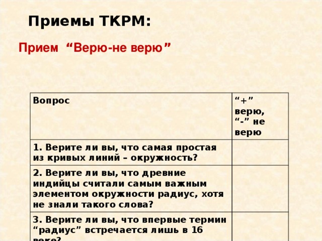 Приемы ТКРМ: Кубик. Грани Дай описание. Сравни с чем-нибудь. Проассоциируй (на что похоже). Проанализируй (из чего состоит). Примени это. Приведи примеры. Дай описание. 