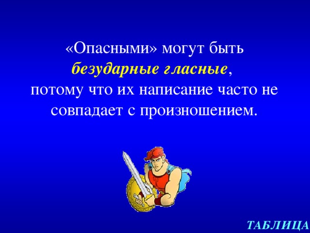 «Опасными» могут быть безударные гласные ,  потому что их написание часто не совпадает с произношением. ТАБЛИЦА 
