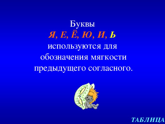 Буквы  Я, Е, Ё, Ю, И, Ь   используются для  обозначения мягкости предыдущего согласного.   ТАБЛИЦА 