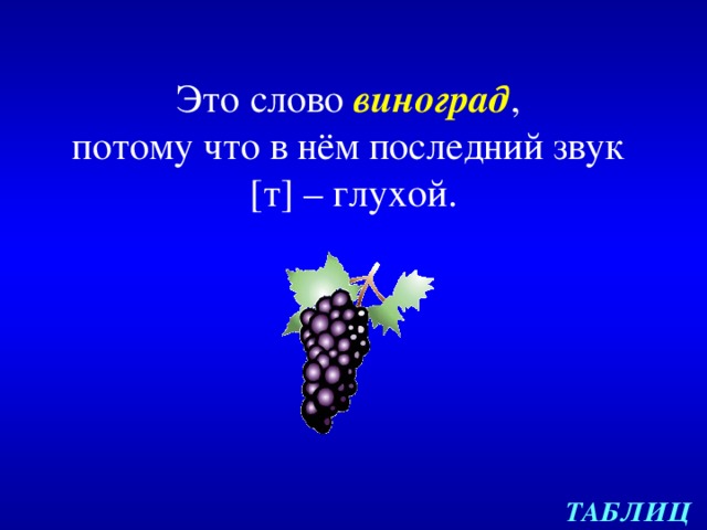 Это слово виноград ,  потому что в нём последний звук  [ т ] – глухой. ТАБЛИЦА 