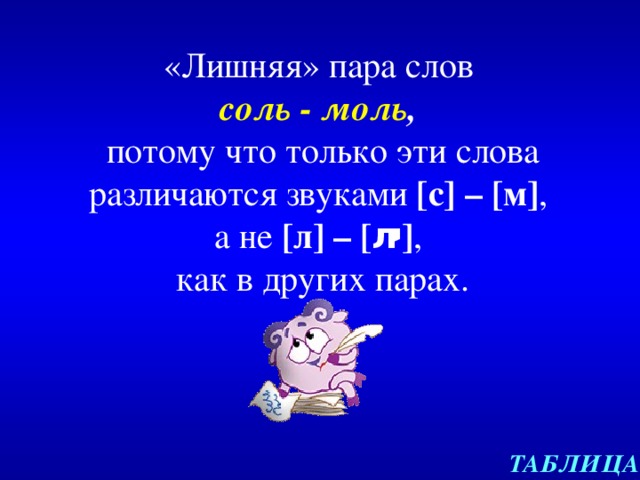 «Лишняя» пара слов  соль - моль ,  потому что  только эти слова различаются звуками [ с ] – [ м ] ,  а не [ л ] – [ л י ] ,  как в других парах. ТАБЛИЦА 