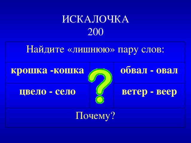 ИСКАЛОЧКА  200 Найдите «лишнюю» пару слов: крошка -кошка цвело - село обвал - овал Почему? ветер - веер 