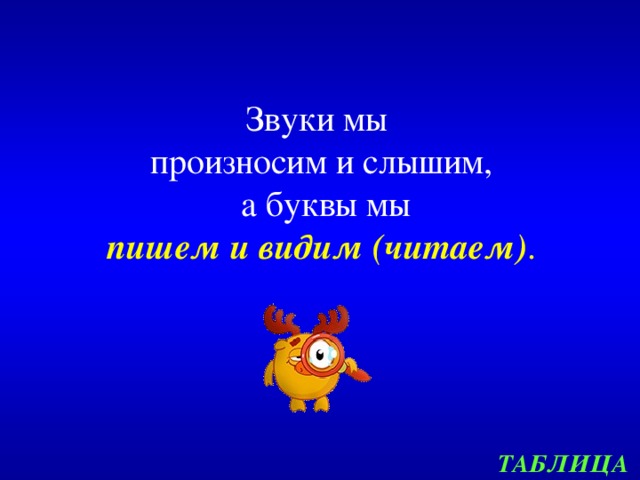 Звуки мы  произносим и слышим,  а буквы мы  пишем и видим (читаем) . ТАБЛИЦА 