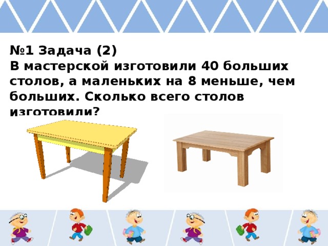 № 1 Задача (2) В мастерской изготовили 40 больших столов, а маленьких на 8 меньше, чем больших. Сколько всего столов изготовили? 