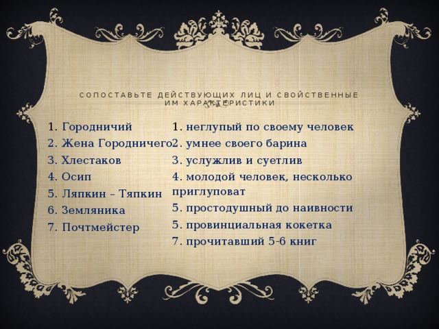 Сопоставьте действующих лиц и свойственные им характеристики 1. Городничий 1. неглупый по своему человек 2. Жена Городничего 2. умнее своего барина 3. Хлестаков 3. услужлив и суетлив 4. Осип 4. молодой человек, несколько приглуповат 5. Ляпкин – Тяпкин 5. простодушный до наивности 6. Земляника 5. провинциальная кокетка 7. Почтмейстер 7. прочитавший 5-6 книг