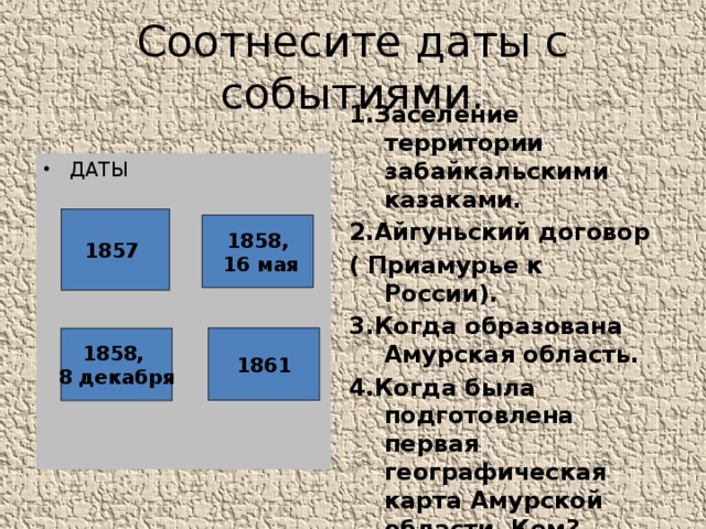 Соотнесите даты с событиями. 1.Заселение территории забайкальскими казаками. 2.Айгуньский договор ( Приамурье к России). 3.Когда образована Амурская область. 4.Когда была подготовлена первая географическая карта Амурской области. Кем? ДАТЫ 1857 1858,  16 мая 1861 1858, 8 декабря 