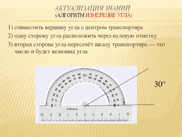 1) совместить вершину угла с центром транспортира 2) одну сторону угла расположить через нулевую отметку 3) вторая сторона угла пересечёт шкалу транспортира — это число и будет величина угла  30 ° 