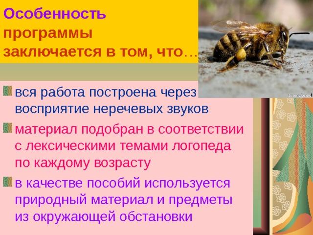 Особенность   программы  заключается в том, что … вся работа построена через восприятие неречевых звуков материал подобран в соответствии с лексическими темами логопеда по каждому возрасту в качестве пособий используется природный материал и предметы из окружающей обстановки 