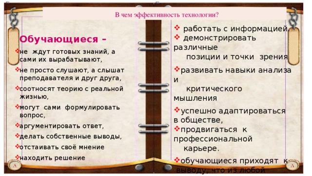  В чем эффективность технологии?  работать с информацией.  демонстрировать различные  позиции и точки зрения развивать навыки анализа и  критического мышления успешно адаптироваться в обществе, продвигаться к профессиональной  карьере. обучающиеся приходят к выводу, что из любой ситуации существует много выходов, формируется ответственность обучающихся за выбор  Обучающиеся – не ждут готовых знаний, а сами их вырабатывают, не просто слушают, а слышат преподавателя и друг друга, соотносят теорию с реальной жизнью, могут сами формулировать вопрос, аргументировать ответ, делать собственные выводы, отстаивать своё мнение находить решение 