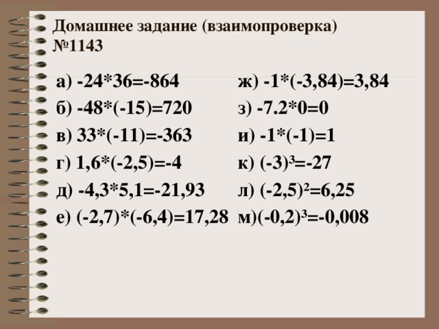 Домашнее задание (взаимопроверка)  №1143 а) -24*36=-864 ж) -1*(-3,84)=3,84 б) -48*(-15)=720 з) -7.2*0=0 в) 33*(-11)=-363 и) -1*(-1)=1 г) 1,6*(-2,5)=-4 к) (-3)³=-27 д) -4,3*5,1=-21,93 л) (-2,5)²=6,25 е) (-2,7)*(-6,4)=17,28 м)(-0,2)³=-0,008 