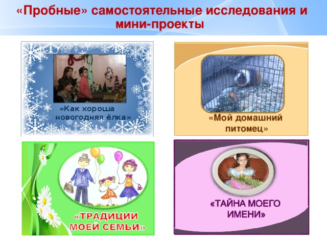 «Пробные» самостоятельные исследования и  мини-проекты «Как хороша  новогодняя ёлка» «Мой домашний  питомец» 