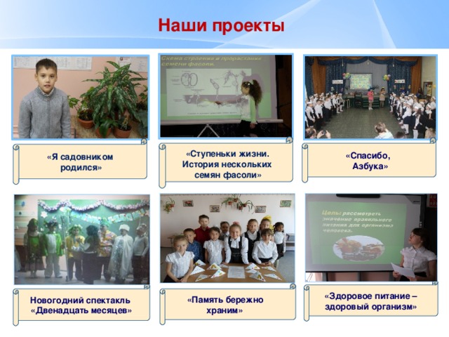      Наши проекты  «Ступеньки жизни.  История нескольких  семян фасоли» «Спасибо,  Азбука»  «Я садовником  родился»  «Здоровое питание – здоровый организм» Новогодний спектакль «Двенадцать месяцев»  «Память бережно  храним» 