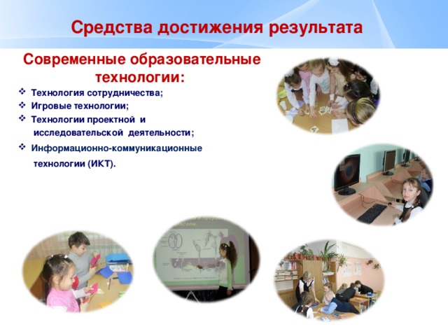 Средства достижения результата    Современные образовательные технологии:   Технология сотрудничества;  Игровые технологии;  Технологии проектной и  исследовательской деятельности;  Информационно-коммуникационные   технологии (ИКТ).      