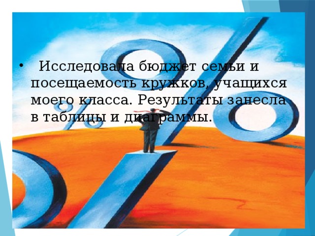 Заключение   Исследовала бюджет семьи и посещаемость кружков, учащихся моего класса. Результаты занесла в таблицы и диаграммы.  