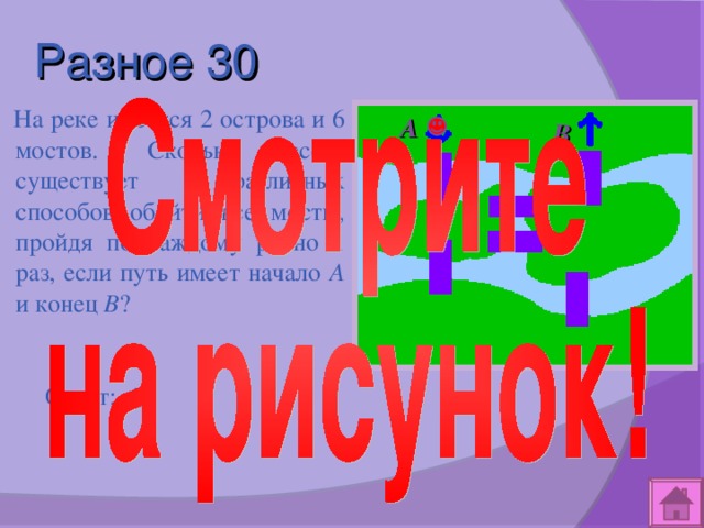 Разное 30  На реке имеется 2 острова и 6 мостов. Сколько всего существует различных способов обойти все мосты, пройдя по каждому ровно 1 раз, если путь имеет начало А и конец В ? А В Ответ: 1 2 3 4 5 6 