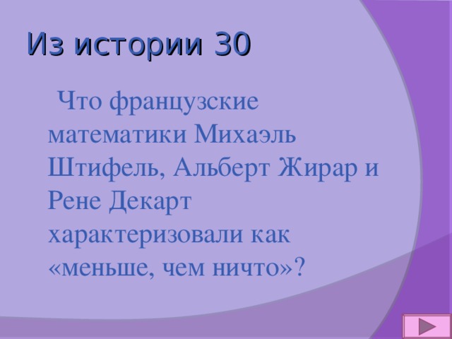 Из истории 30  Что французские математики Михаэль Штифель, Альберт Жирар и Рене Декарт характеризовали как «меньше, чем ничто»? 